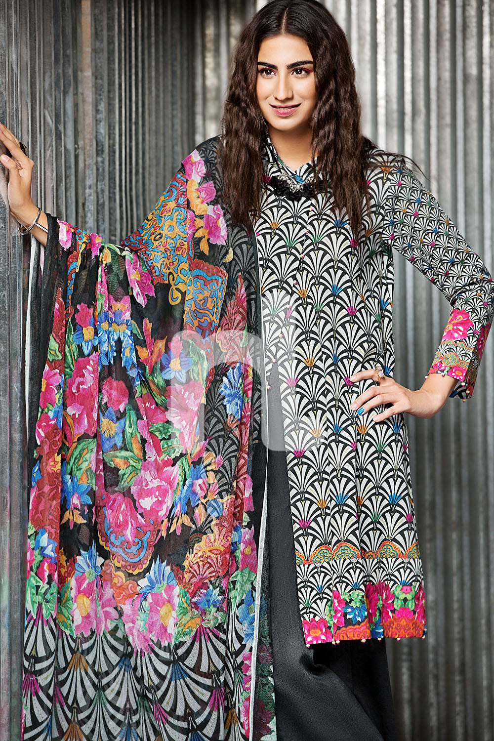 41701550-Cotton Net - Black Digital Printed 2PC