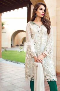 KF-90 - Off White Embroidered Formal Stitched Net Shirt, Silk Trouser & Dupatta - 3PC