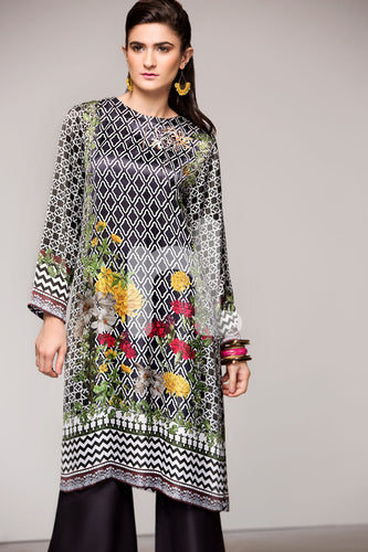 PE17-60 Black Digital Printed Stitched Silk Shirt -1PC