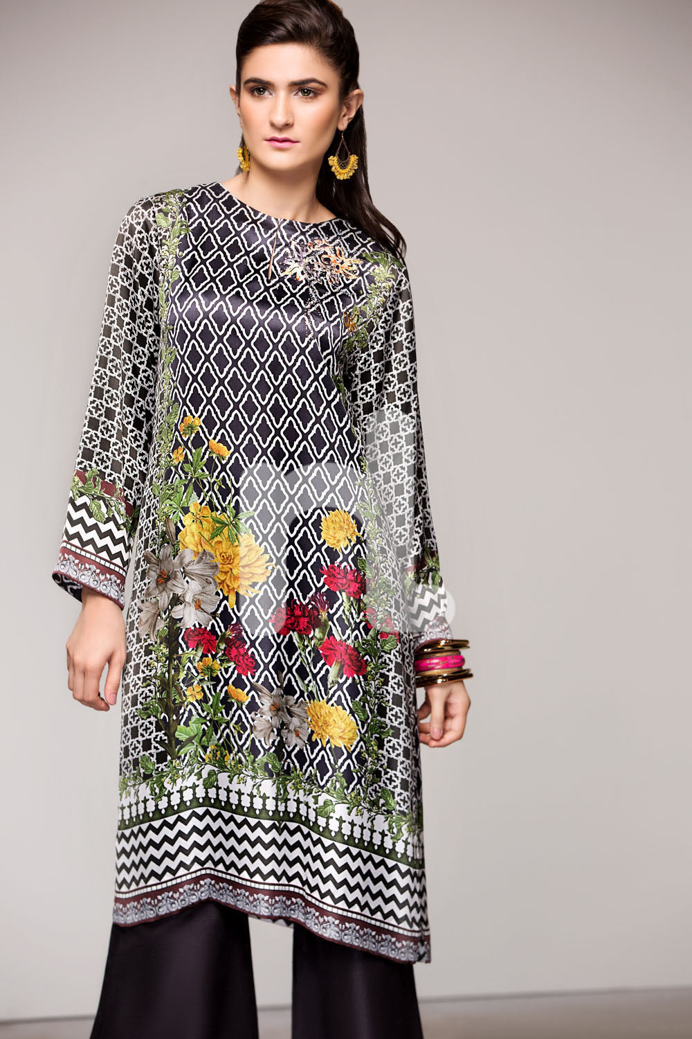 PE17-60 Black Digital Printed Stitched Silk Shirt -1PC