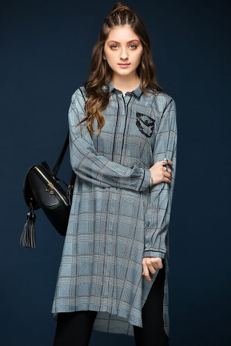 PW17-40 Grey Printed Stitched Linen Shirt - 1PC