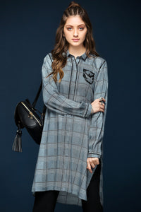 PW17-40 Grey Printed Stitched Linen Shirt - 1PC